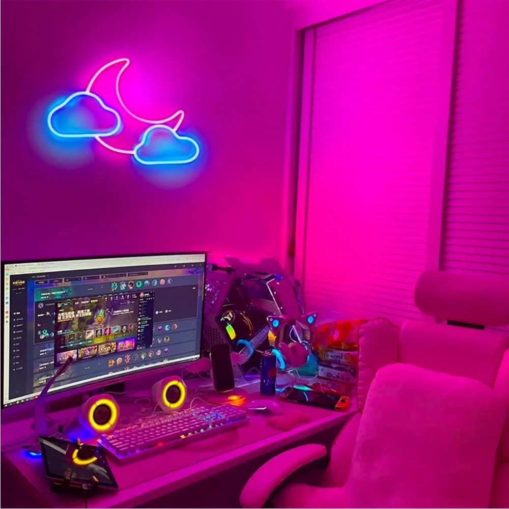 Neon Moon Cloud Space Galaxy Star Blue Pink LED Light Bedroom Gift Wall Decor - Picture 2 of 5